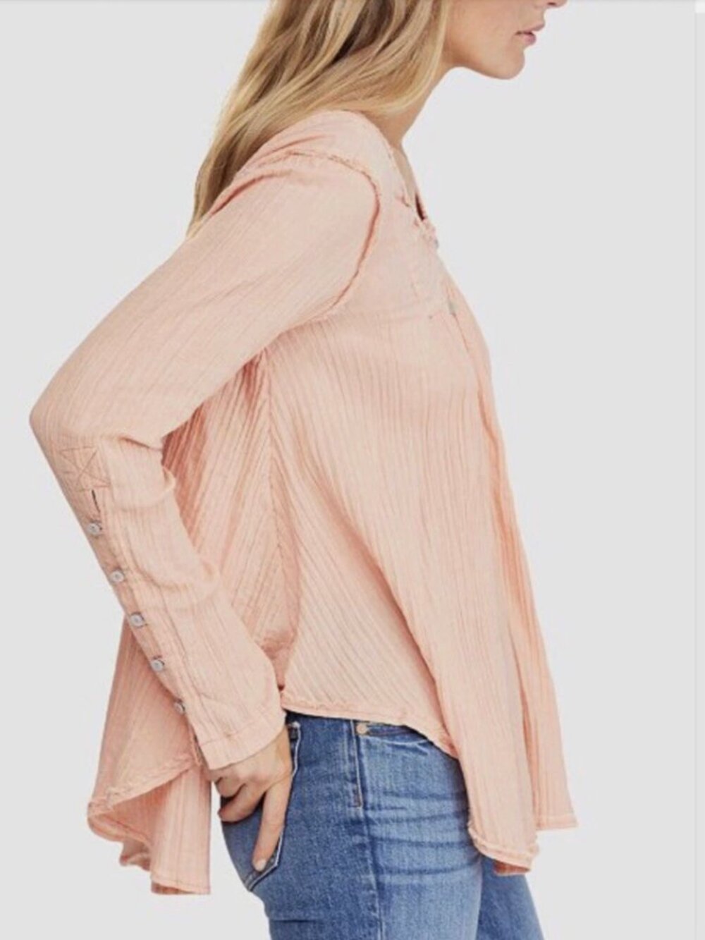 We The Free "Sand Dune" Henley Blouse In Peach - Size L - Picture 8 of 10